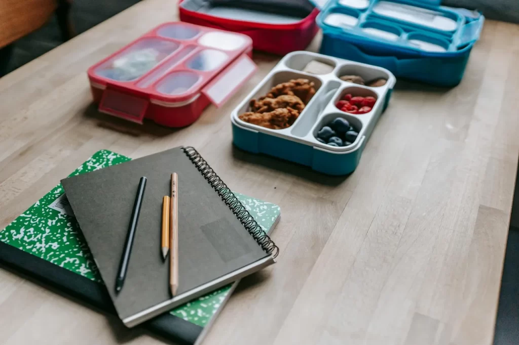 Packable healthy lunch containers beside a laptop and notebook