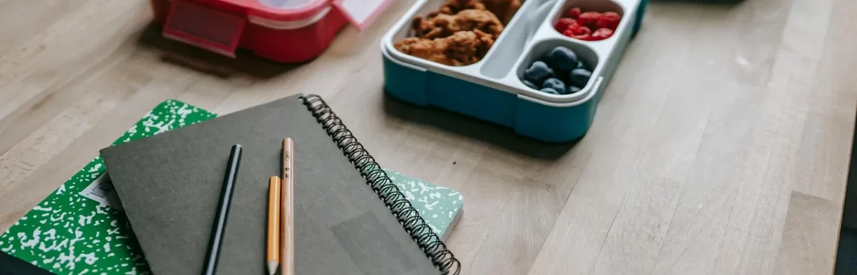 Packable healthy lunch containers beside a laptop and notebook