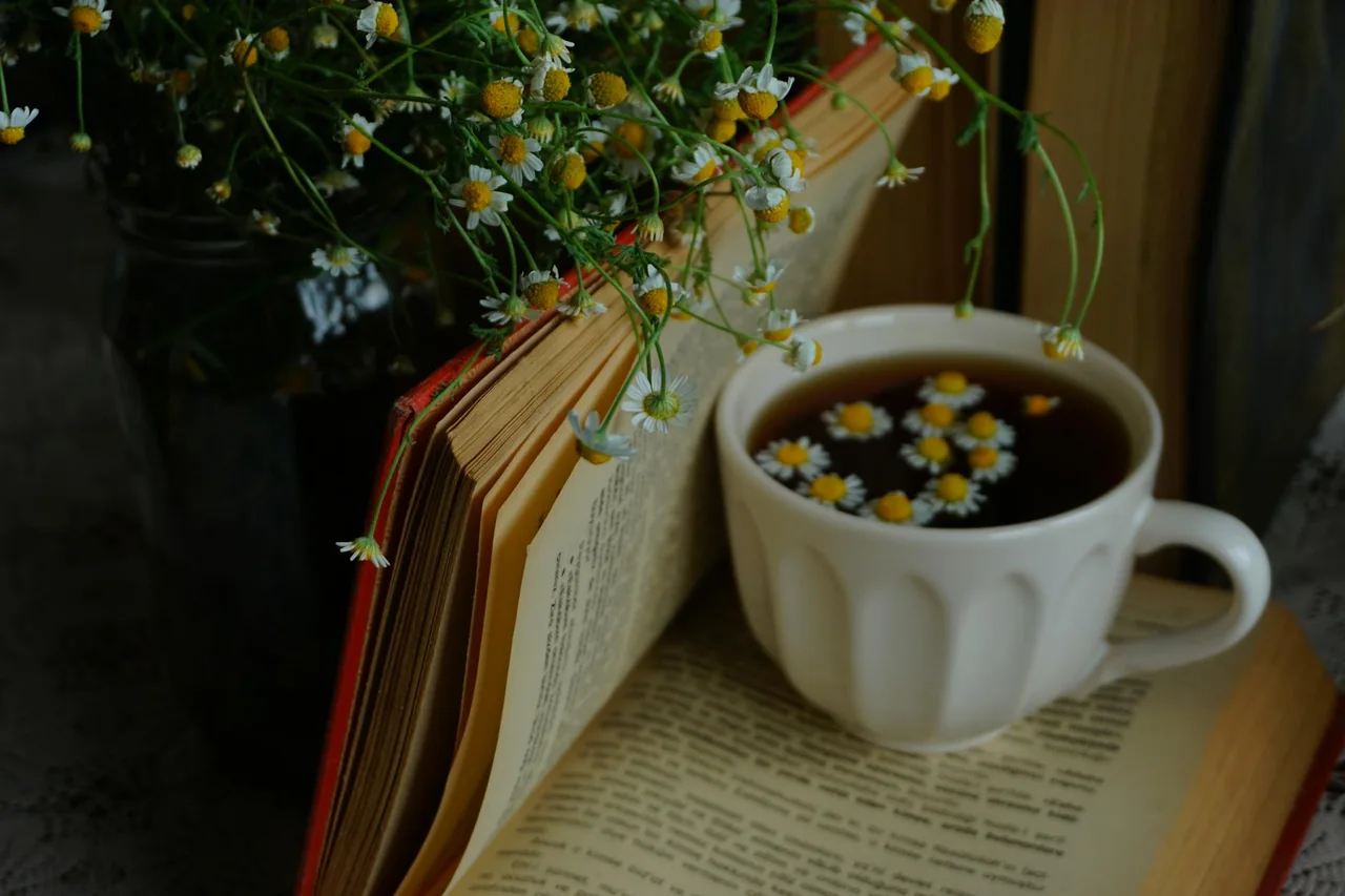 Calm bedside setup with a lamp, book, and herbal tea
