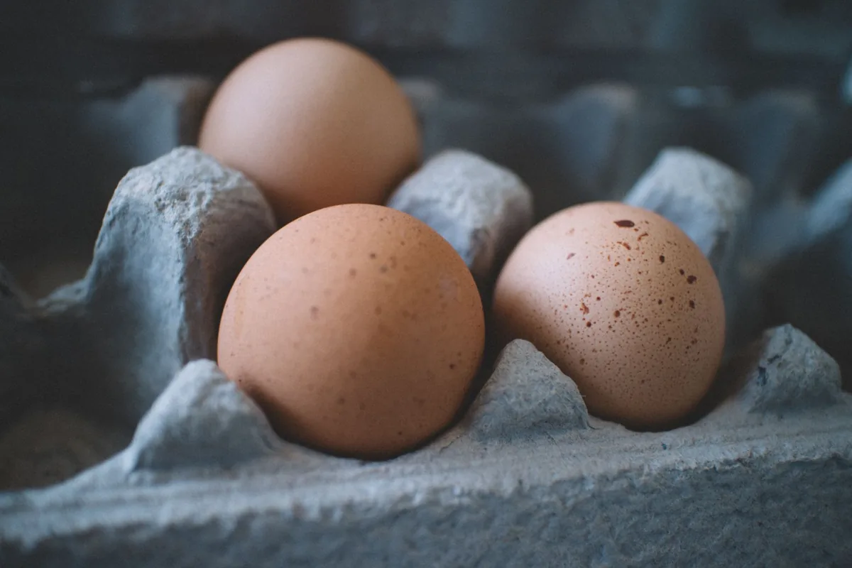Brown and white eggs resting in an open carton