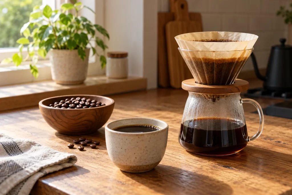 Cup of coffee with beans and a filter brewer in a home kitchen